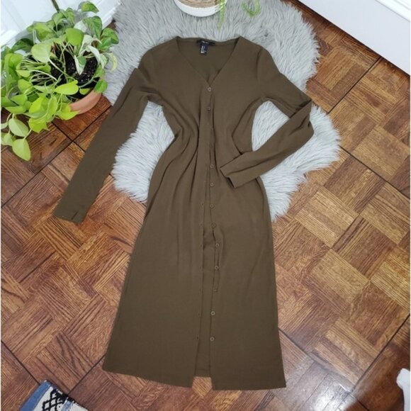Olive Khaki Button-Up Dress Ribbed Cardigan - Picture 3 of 11